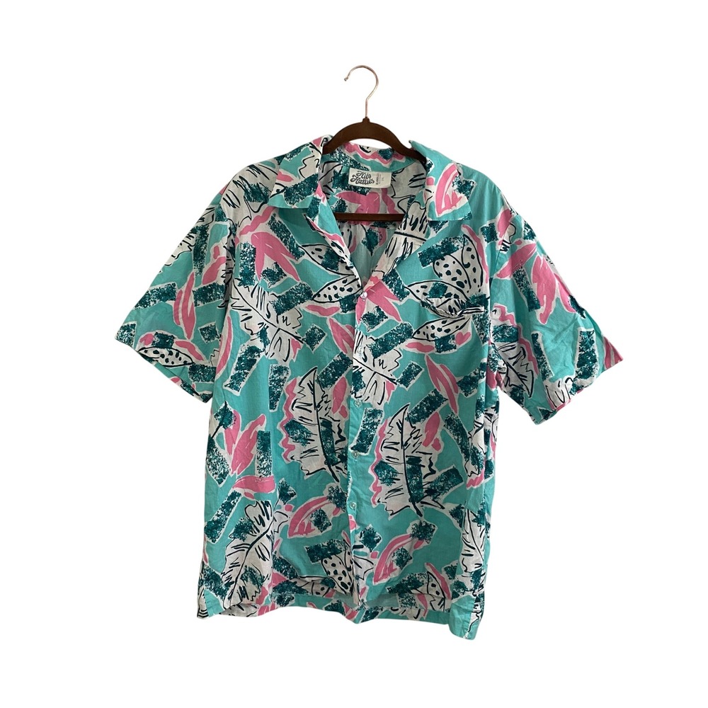 Vintage Hilo Hattie 2XL Hawaiian Shirt Cotton Abstract 80s Pink Teal Aloha Camp